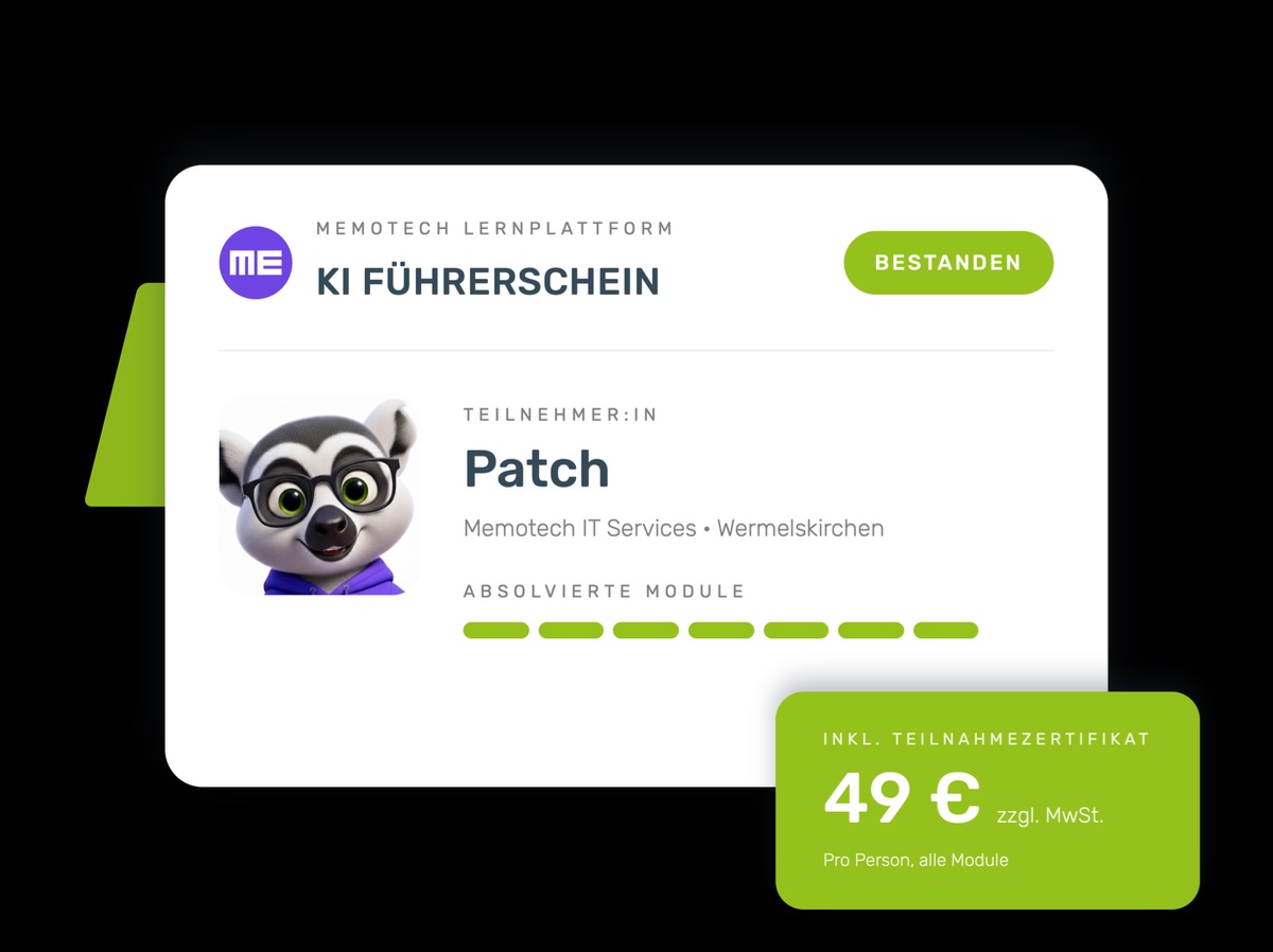KI-Führerschein der Memotech Lernplattform, Zertifikat mit Preis-Störer: 49 € zzgl. MwSt., pro Person, alle Module